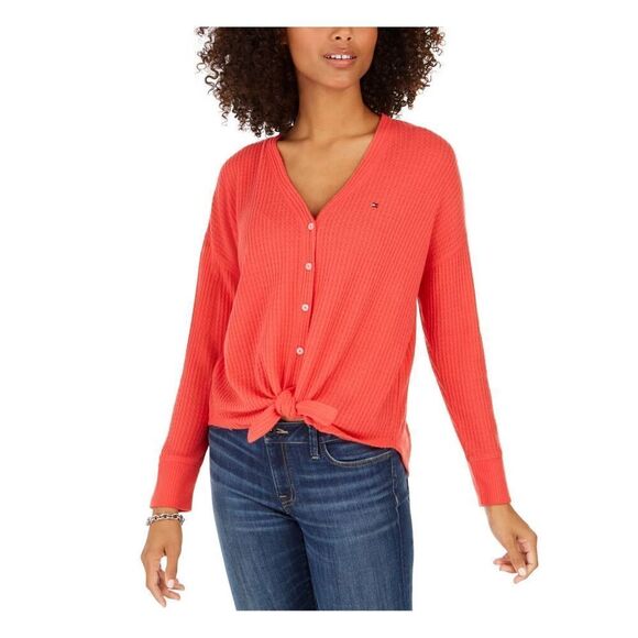 ✨TOMMY HILFIGER Womens Coral Long Sleeve With buttons Sz Small Sweater✨ - Picture 2 of 11